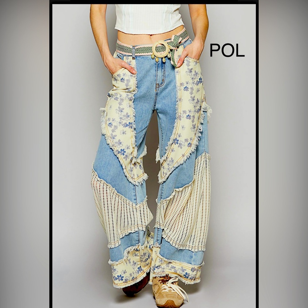 BPB7-9🩵NEW!POL perfection in Blue+ Cream Flare Patchwork Jeans w/crochet detail!